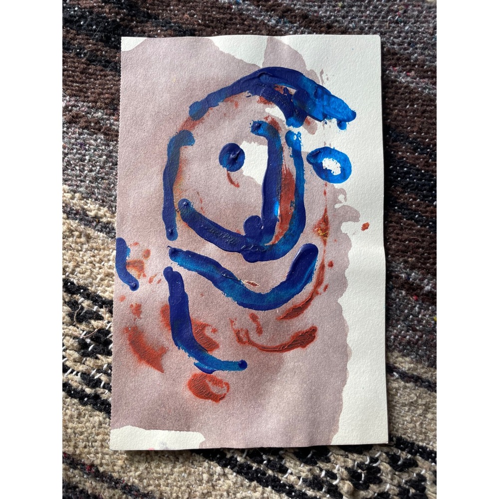 Original Abstract Face Painting Blue Red Art on Paper Unique Gift 5.5 x 85